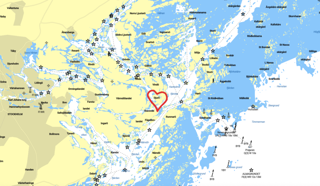 Sjökort med ett hjärta runt Djurö